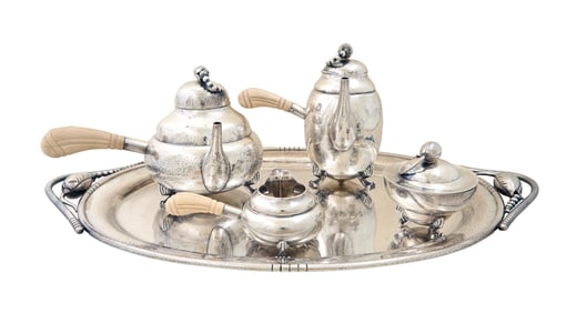 Georg Jensen Style La Paglia Five Pieced Associated Sterling Tea and Coffee Service, 20th c., App.