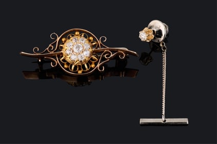 Two Pieces of Diamond Jewelry, App. Total Diamond Wt.- 1.2 carats; Brooch - H.- 7/8 in., W.- 2 1/8