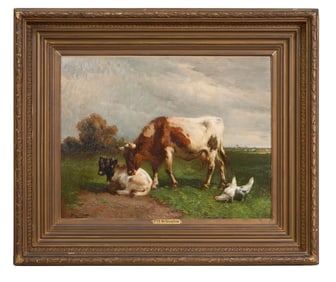 Henry Schouten (Belgian, 1859/1867-1927), "Cattle in the Field," H.- 24 1/2 in., W.- 31 3/4 in.,