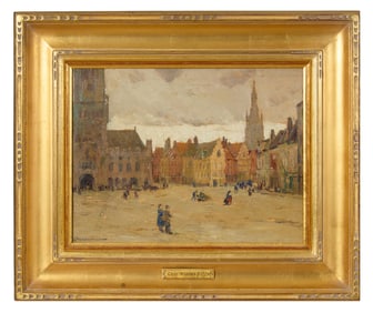 Charles Warren Eaton (American/New York, 1857-1937), "Street Scene, Bruges," H.- 8 7/8 in., W.- 11