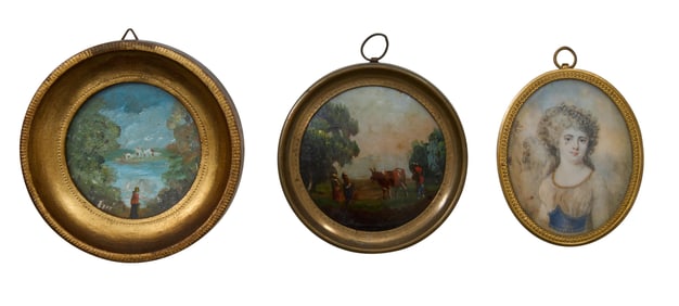 Group of Three Miniature Paintings, 19th c., Woman- Sight- H.- 2 11/16 in., W.- 2 1/8 in., Framed-