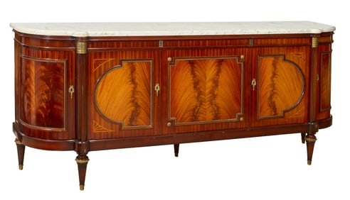 French Louis XVI Style Marble Top Walnut Enfilade, early 20th c., H.- 39 1/4 in., W.- 93 in., D.- 22