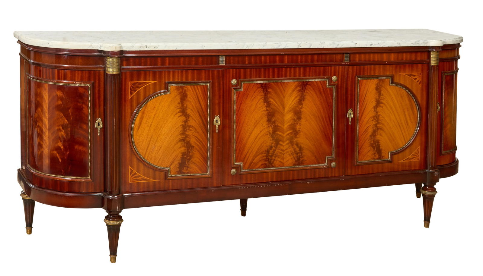 French Louis XVI Style Marble Top Walnut Enfilade, early 20th c., H.- 39 1/4 in., W.- 93 in., D.- 22 (1 of 2)