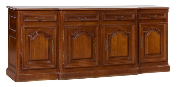 French Provincial Style Oak Breakfront Enfilade, 20th c., H.- 39 1/2 in., W.- 96 1/2 in., D.- 22 3/4