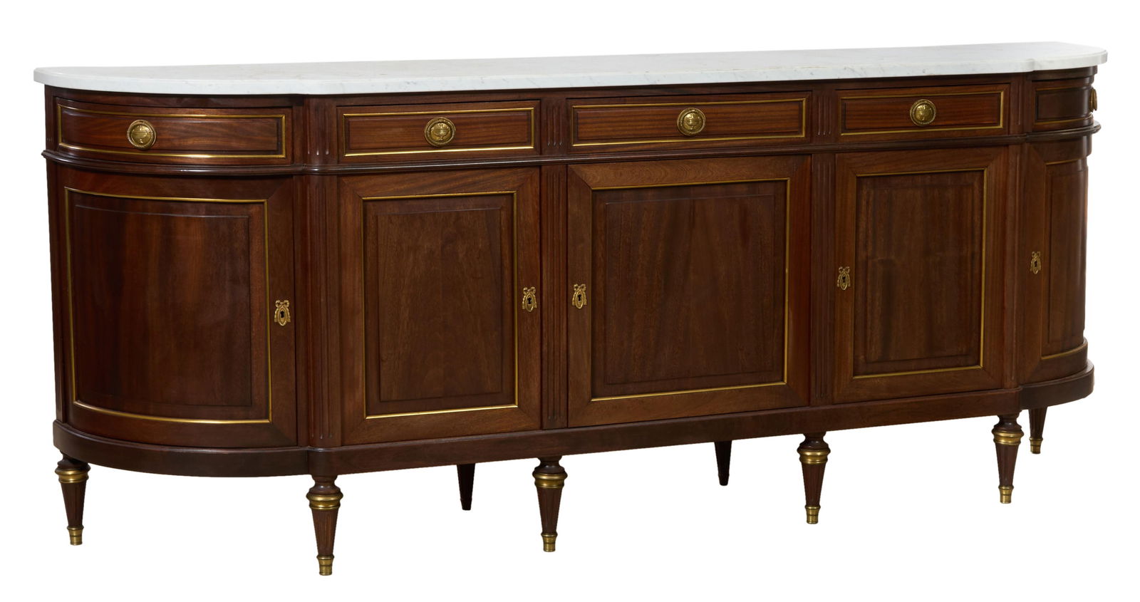French Louis XVI Style Marble Top Brass Mounted Walnut Enfilade, 20th c., H.- 31 in., W.- 103 in., (1 of 2)