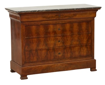 French Louis Philippe Marble Top Walnut Commode, mid 19th c., H.- 36 in., W.- 48 1/2 in., D.- 21 in.