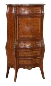 French Transitional Louis XV/XVI Style Ormolu Mounted Marble Top Marquetry Parquetry Bombe
