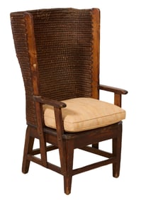 Stained Wood and Rush Orkney Chair, 20th c., H.- 40 1/2 in., W.- 23 1/2 in., D.- 22 1/2 in.