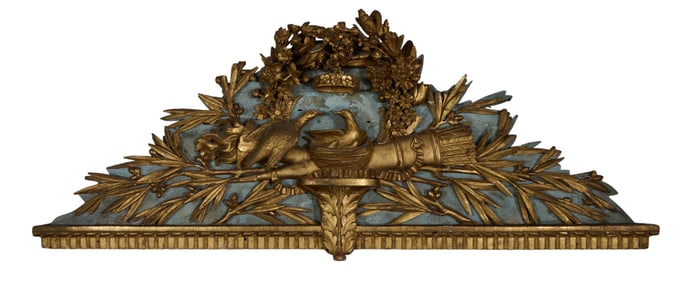 Antique Continental Polychromed and Giltwood Carved Dove Plaque, early 19th c., H.- 21 in., W.- 51