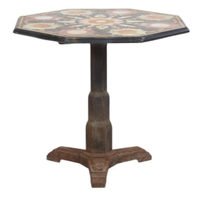 Italian Style Pietra Dura Top Iron Table, 20th c., H.- 31 1/4 in., W.- 35 in., D.- 35 in.