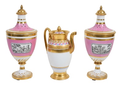 Three Pieces of Old Paris Porcelain, late 18th/early 19th c., Potpourri- H.- 14 1/2 in., Dia.- 5 7/8