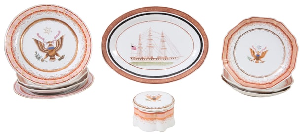Nine Pieces of Chinese Export American Eagle Porcelain, 19th and 20th c., Octagonal Plates- H.- 1