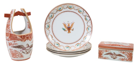 Six Pieces of Chinese Export American Eagle Porcelain, 20th c., Plates- H.- 1 1/2 in., Dia.- 12 1/4