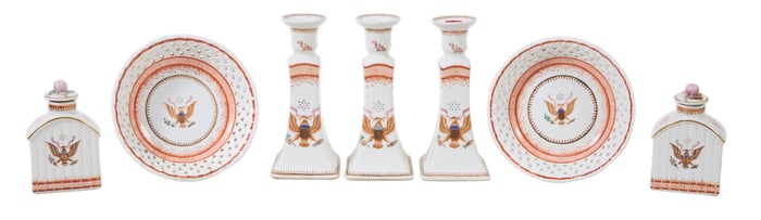 Seven Pieces of Chinese Export American Eagle Porcelain, 20th c., Candlesticks- H.- 8 1/4 in., W.- 3