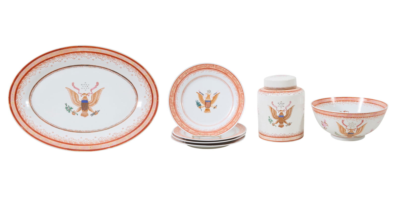 Seven Pieces of Chinese Export American Eagle Porcelain, 20th c., Bowl- H.- 4 1/2 in., Dia.- 10 1/8: Seven Pieces of Chinese Export American Eagle Porcelain, 20th c., consisting of a tea canister with cover, a punch bowl, an oval platter, and four dinner plates, Bowl- H.- 4 1/2 in., Dia.- 10 1/8 in.;