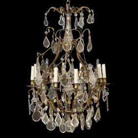 French Bronze Baccarat and Brass Style Eight Light Chandelier, 20th c., H.- 36 in., Dia.- 18 in.