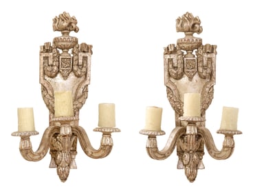 Pair of Large Italian Style Carved Silvered Wood Three Light Sconces, 19th c., Each- H.- 24 in., W.-