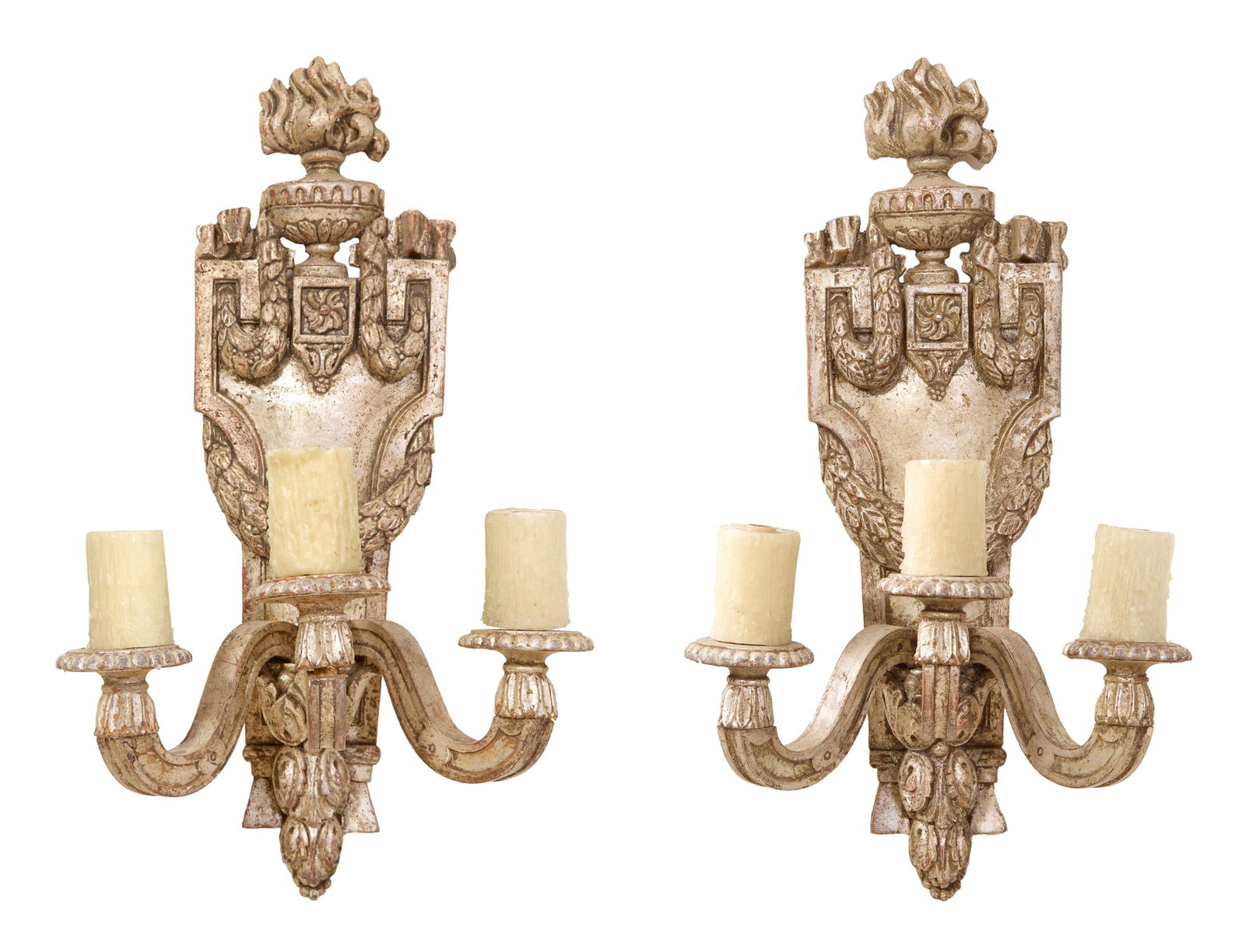 Pair of Large Italian Style Carved Silvered Wood Three Light Sconces, 19th c., Each- H.- 24 in., W.-: Pair of Large Italian Style Carved Silvered Wood Three Light Sconces, 19th c., the flamed urn finials over garland swagged keyed backplates, each with three arms with lobbed bobeche, foliated pendant,