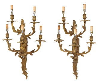 Pair of French Gilt Bronze Five Light Sconces, 20th c., Each- H.- 24 1/2 in., W.- 14 in., D.- 8 in.