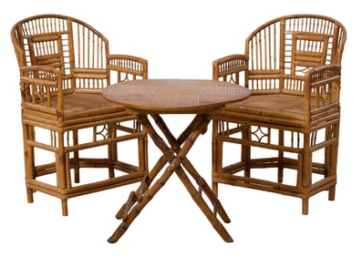 Pair of Bamboo Arm Chairs with Folding Table, 20th c., Arm Chairs- H.- 35 in., W.- 21 in., D.- 21