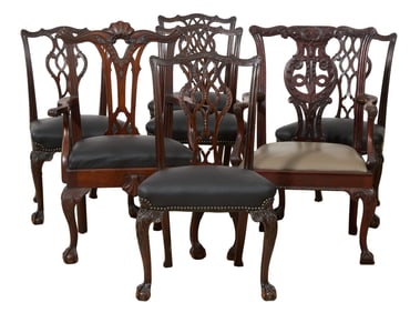 Associated Group of Seven Irish Chippendale Mahogany Dining Chairs, 20th c., Arm Chairs- H.- 38 in.,