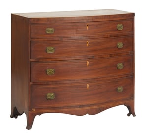 American String Inlaid Mahogany Bow Front Chest, early 19th c., H.- 38 1/4 in., W.- 41 in., D.- 22