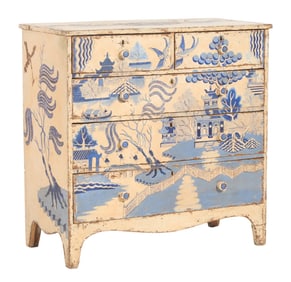 American Chinoiserie Painted Pine Chest, early 19th c., H.- 42 1/2 in., W.- 42 1/2 in., D.- 20 3/4