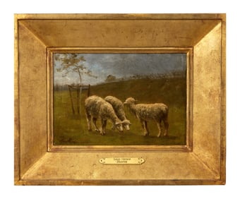 Louis Arthur Hustin (French, 1850-1924), "Lambs Grazing," H.- 7 3/8 in., W.- 10 in., Framed- H.- 11