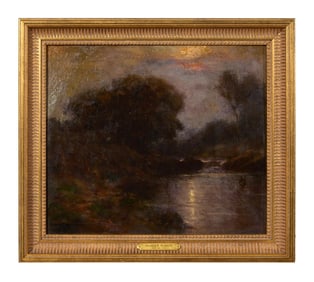 George F. Schultz (American, 1869-1934), "Moonlit Landscape, Twilight by the Creek," H.- 13 1/4 in.,