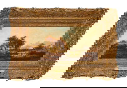 Karl Heffner (German, 1849-1925), "Winter Landscape with Cattle and a Town in the Distance," c.