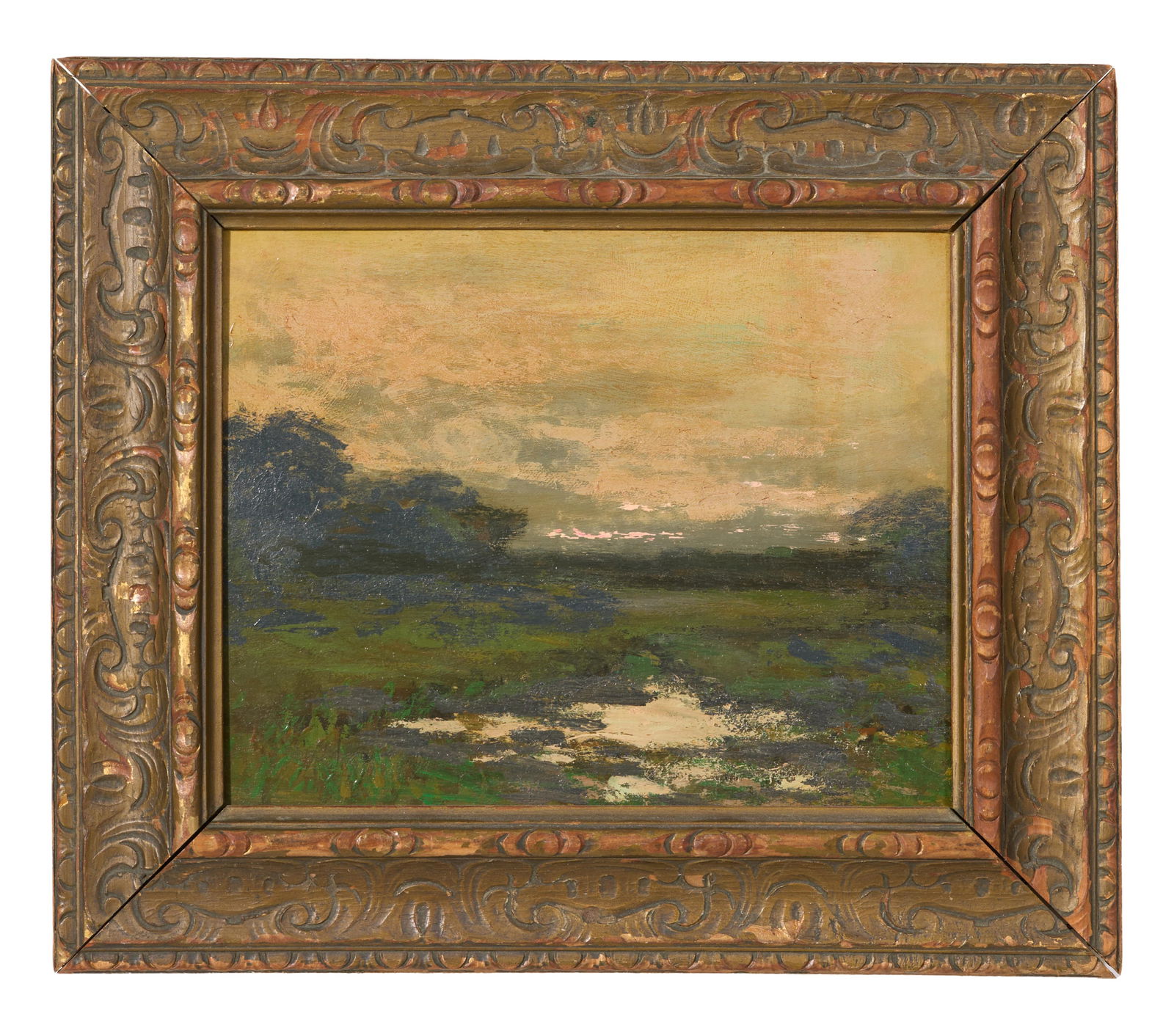 Circle of George Inness (American, 1825-1894), "Tonalist Landscape," H.- 7 1/4 in., W.- 9 in.,: Circle of George Inness (American, 1825-1894), "Tonalist Landscape," oil on wood panel, unsigned, note with artwork information and provenance attached en verso, presented in original giltwood frame,