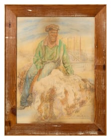 Burny Myrick (American/Louisiana, b. 1919), "African American Man Sitting on a Bale of Cotton, Port