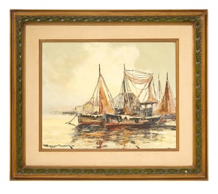 Raymond Scully (American/Louisiana, 20th Century), "Fishing Boats on the Gulf," H.- 16 in., W.- 20