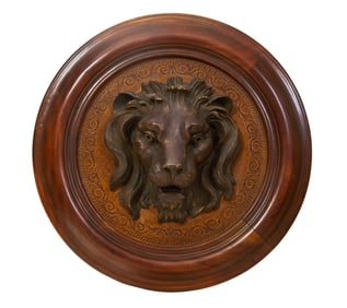 Large Patinated Bronze Relief Lion Head Plaque, Frame- Dia.- 24 in., D.- 10 in.