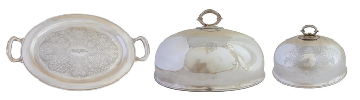 Two Silverplated Meat Domes and a Silverplated Equestrian Trophy Tray, 20th c., Largest Dome- H.- 11