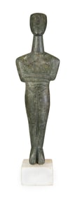 Greek Patinated Bronze of a Cycladic Idol, Bronze- H.- 10 1/8 in., W.- 3 in., D.- 1 in.,