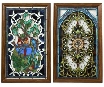 Two Vintage Stained Glass Panels, 20th c., Each Sight- H.- 33 1/2 in., W.- 19 1/2 in., Framed- H.-