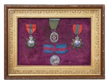 Four British Service Medals, Early 20th Century, Framed- H.- 11 3/8 in., W.- 15 1/4 in., D.- 3 1/8