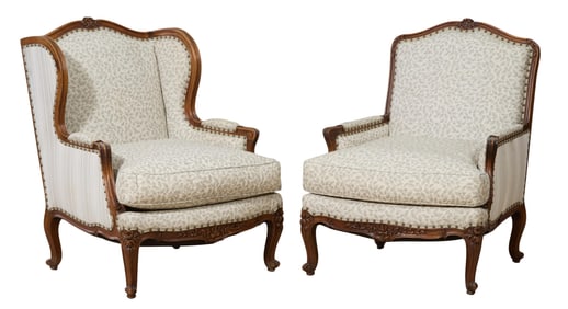 Two French Louis XV Style Bergeres, 20th c., Each- H.- 41 1/2 in., W.- 32 in., D.- 30 in. (2 Pcs.)