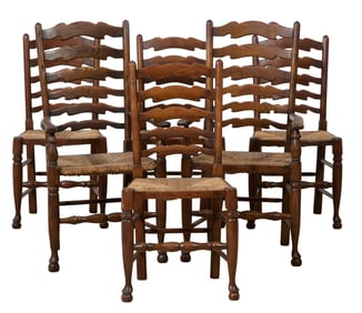 Six French Provincial Ladder Back Chairs, 20th c., Each- H.- 37 1/2 in., W.- 18 1/4 in., D.- 15 in.