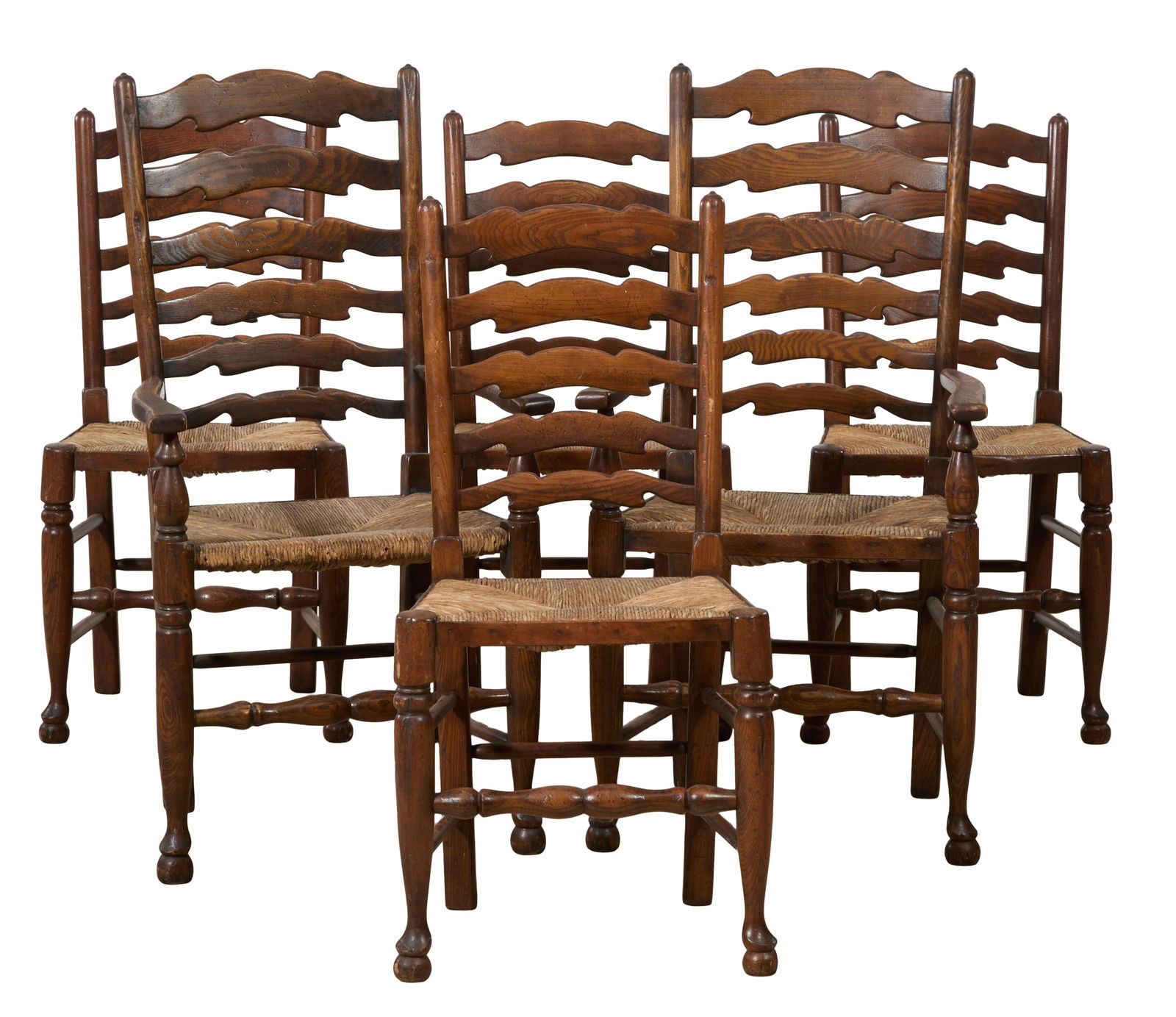 Six French Provincial Ladder Back Chairs, 20th c., Each- H.- 37 1/2 in., W.- 18 1/4 in., D.- 15 in. (1 of 3)