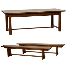 French Provincial Farm Table with Two Benches, 20th c., Table- H.- 29 1/2 in., W.- 84 in., D.- 38