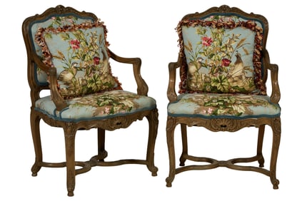 Pair of French Louis XV Style Fauteuils, early 20th c., Each- H.- 38 in., W.- 25 1/2 in., D.- 23 in.