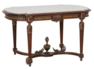 Louis XVI Style Marble Top Giltwood Center Table, early 20th c., H.- 31 1/2 in., W.- 54 in., D.- 38