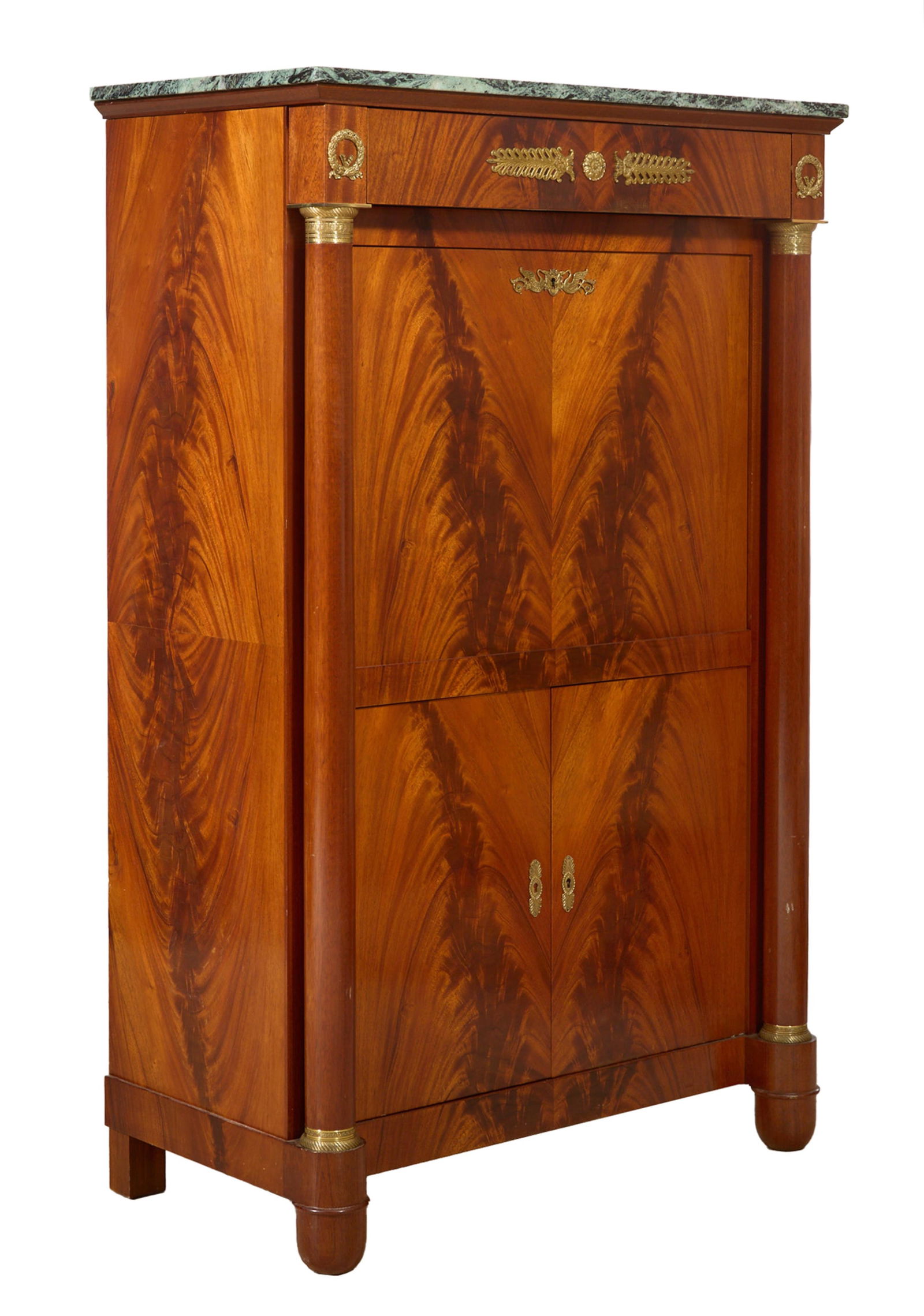 French Empire Ormolu Mounted Marble Top Secretaire a Abattant, 19th c., H.- 59 in., W.- 37 1/2 in., (1 of 2)