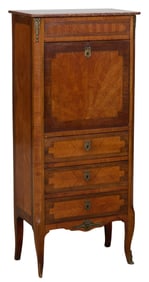 French Transitional Louis XV/XVI Marble Top Parquetry Secretaire a Abattant, early 20th c., H.- 51