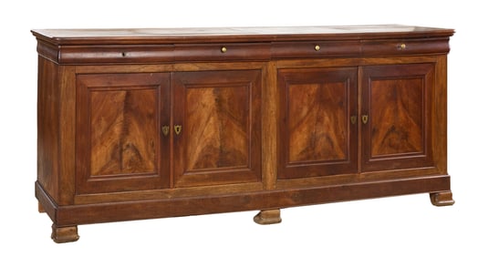 French Louis Philippe Walnut Enfilade, mid 19th c., H.- 44 in., W.- 108 in., D.- 25 1/4 in.