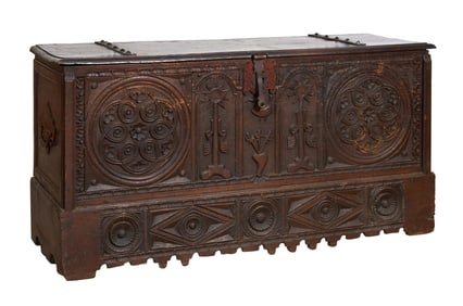 Spanish Renaissance Style Carved Walnut Coffer, late 18th/early 19th c., H.- 34 in., W.- 66 1/2 in.,