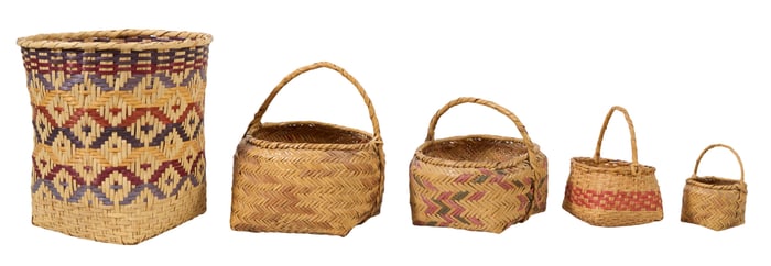 Group of Five Choctaw Baskets, 20th c., Waste Basket- H.- 13 in., Dia.- 12 1/2 in.