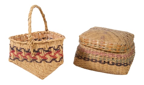 Two Choctaw Woven Baskets, Handled Example- H.- 9 in., W.- 7 in., D.- 7 in. (2 Pcs.)